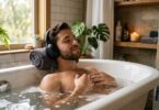 Um jovem relaxa na banheira enquanto ouve música.