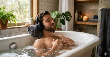 Um jovem relaxa na banheira enquanto ouve música.