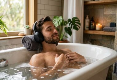 Um jovem relaxa na banheira enquanto ouve música.