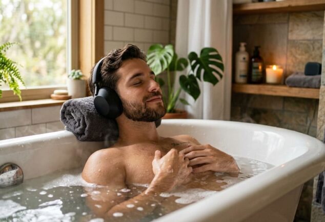 Um jovem relaxa na banheira enquanto ouve música.