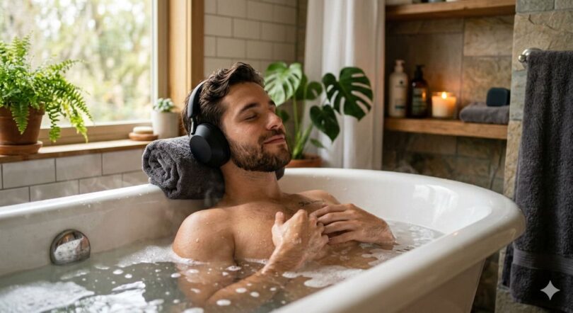 Um jovem relaxa na banheira enquanto ouve música.