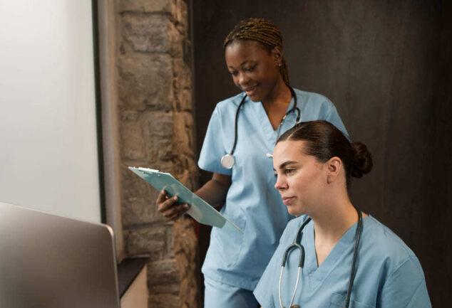 Duas profissionais de enfermagem com estetoscópio analisam informações no computador
