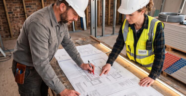 Engenheiros analisam planta técnica para execução de projeto de infraestrutura