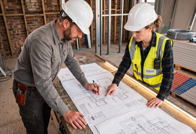 Engenheiros analisam planta técnica para execução de projeto de infraestrutura